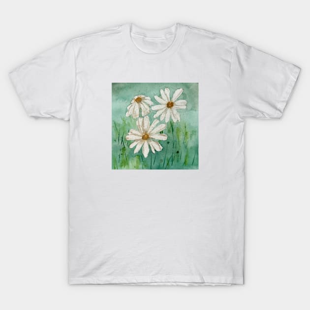 Watercolor Green Meadow Daisies in Rain T-Shirt by DesignScape by Janessa